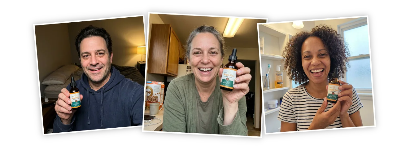 Three happy SugarZen customers holding their bottles at home