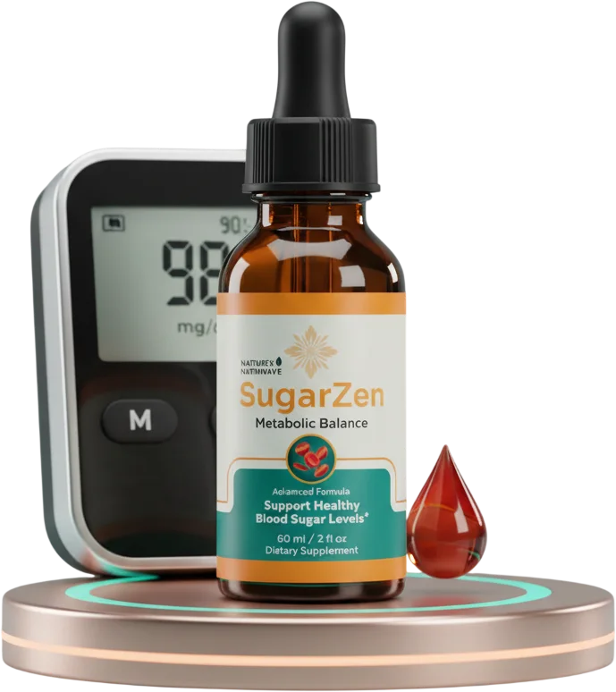 SugarZen liquid dropper bottle beside a blood glucose meter