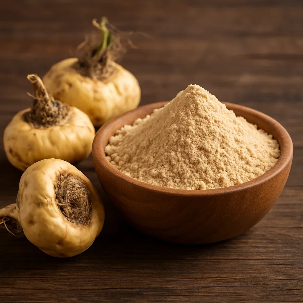 Maca roots and maca root powder in a bowl
