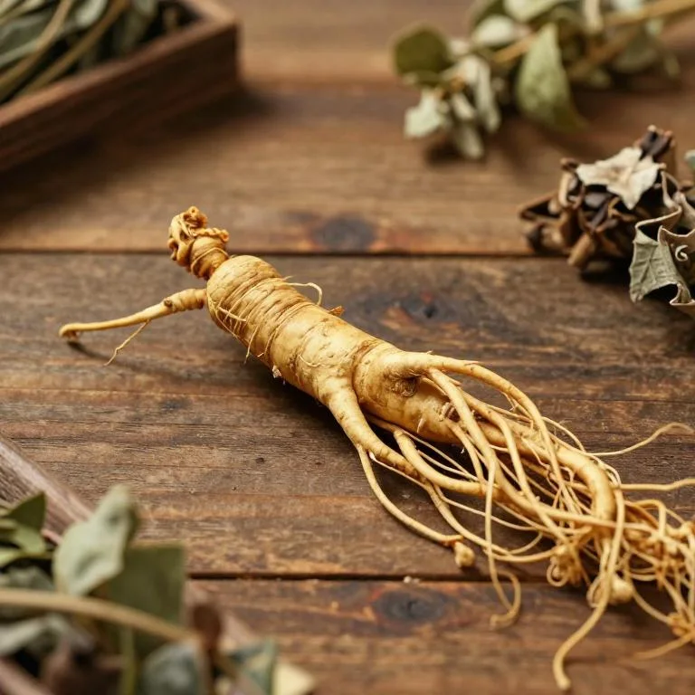 Panax ginseng root on a wooden surface